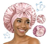 BONNET QUEEN Gorro de Seda para Dormir para Mujeres con ÁCIDO HIALURÓNICO Gorro de Satén Reversible de Doble Capa para Gorro de Dormir para Pelo Rizado con Scrunchies, Rosa Crema & Oro Rosa