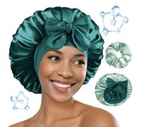 BONNET QUEEN Gorro de Seda para Dormir para Mujeres con ÁCIDO HIALURÓNICO Gorro de Satén Reversible de Doble Capa para Gorro de Dormir para Pelo Rizado con Scrunchies, Salvia & Verde Oscuro