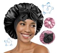 BONNET QUEEN Gorro de Seda para Dormir para Mujeres con ÁCIDO HIALURÓNICO Gorro de Satén Reversible de Doble Capa para Gorro de Dormir para Pelo Rizado con Scrunchies, Negro&Oro Rosa
