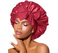 BONNET QUEEN Gorro de Seda para Dormir Suave y Protector Gorro Saten Pelo Rizado con Lazos Largos Ajustables Silk Bonnet Antiencrespamiento, Borgoña