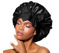 BONNET QUEEN Gorro de Seda para Dormir Suave y Protector Gorro Saten Pelo Rizado con Lazos Largos Ajustables Silk Bonnet Antiencrespamiento, Negro