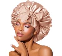 BONNET QUEEN Gorro de Seda para Dormir Suave y Protector Gorro Saten Pelo Rizado con Lazos Largos Ajustables Silk Bonnet Antiencrespamiento, Champán