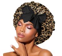BONNET QUEEN Gorros de Satén de Dormir para Señora de Cabello Rizado Largos Naturales, Gorros de Seda con Banda Ancha para Atar para Ella, Patrón de Leopardo