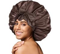 BONNET QUEEN Gorros De Satén De Dormir para Señora De Cabello Rizado Largos Naturales, Gorros De Seda con Banda Ancha para Atar para Ella, Chocolate