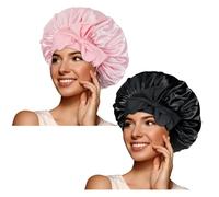 BONNET QUEEN Gorros de Satén de Dormir para Señora de Cabello Rizado Largos Naturales, Gorros de Seda con Banda Ancha para Atar para Ella, Negro Y Rosa