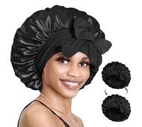 BONNET QUEEN Large Gorro de Seda para Dormir, Silk Bonnet Reversible de Doble Capa para Pelo Rizado, Gorro Satén con Cintas Elásticas Ajustables, Gorro para Dormir para Mujer y Hombre, Negro, L