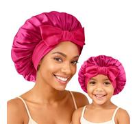 BONNET QUEEN Set de 2 Gorros de Seda para Mamá y Bebé, Gorro de Satén con Banda Elástica Ancha para Mujer y Bebé, Gorro para Bebés, Niñas, Niños, Rosa Caliente