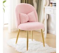 Bonnlo Silla de Maquillaje, Silla Tocador, Sillas de Comedor, Patas Doradas Ajustables y cojín con Lazo para Dormitorio, Sillón Salón para Tocador u Oficina en Casa (Tejido de Peluche, Rosa)