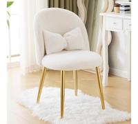 Bonnlo Silla de Maquillaje, Silla Tocador, Sillas de Comedor, Patas Doradas Ajustables y cojín con Lazo para Dormitorio, Sillón Salón para Tocador u Oficina en Casa (Tejido Teddy, Blanco)