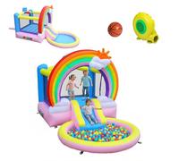 Bonnlo Tobogán Hinchable Infantil con Piscina, 370x192x192 cm, Cama Elástica y Diseño Arcoíris Nubes, Parque Inflable para Jardín Exterior e Inretior, Oxford 420D+840D