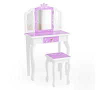 Bonnlo Tocador Infantil con Espejo de Tres Paneles y Taburete, Tocador para Niña con 3 Cajones y 4 Estantes Abiertos, Mesa de Maquillaje Infantil de Madera con Diseño de Copo de Nieve, Lila