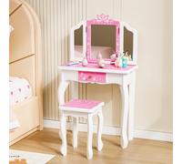 Bonnlo Tocador Infantil con Espejo de Tres Paneles y Taburete, Tocador para Niña con 3 Cajones y 4 Estantes Abiertos, Mesa de Maquillaje Infantil de Madera con Diseño de Copo de Nieve, Rosa