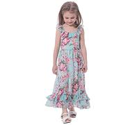 BONNY BILLY Vestido Niña Verano Casual Playa Boho Largo Estampado Floral Gasa Sin Mangas con Volantes 5-6 Años Agua