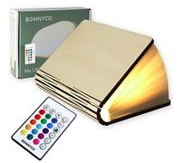 BONNYCO Lampara Libro Plegable Madera 16 Colores con Mando y Temporizador | Lamparas Mesilla de Noche, Ideal para Decoracion Casa y Habitacion. Regalo Original para Cumpleaños, Navidad, Amigo Invisible