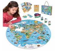 BONNYCO Puzzle XXL Mapa Mundi Niños de 70 Piezas con Animales y Continentes | Con 15 Tarjetas y 4 Figuras. Rompecabezas Redondo 58 x 58 cm, Guía Incluida. Juegos Educativos, Regalos Juguetes Niños 4 Años