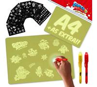 BONNYCO Superzings - Pizarra Magica Amarilla A4 y A5, 6 Plantillas, 2 Bolis Espía Juguetes para Niños 3 4 5 6 7 8 9 Años | Pizarra Luminosa, Regalos Niños Cumpleaños, Navidad