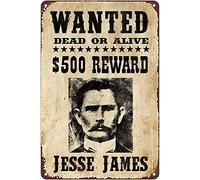 Bonoff Jesse James Original Wanted - Póster vintage de metal con pintura de hierro, letreros retro para el hogar, café, cocina, decoración de pared al aire libre, 12 x 8 pulgadas