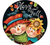 Bonoff Letrero de corona de espantapájaros con texto en inglés "Happy Fall Wreathouse, redondo, vintage, letrero de metal retro, letrero de garaje, decoración de pared del hogar, póster vintage de 12