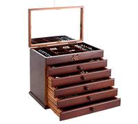 BONOOL Joyeros grandes, organizador de joyas de madera de 6 capas con espejo, vitrina de joyería, para collar, anillo y arete, joyero marrón para mujer
