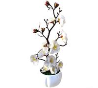 Bonsái artificial de flor de ciruelo en taza blanca para sala de estar, dormitorio, estudio, decoración con acabado de seda realista (blanco)