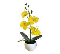 Bonsái de orquídea mariposa artificial en maceta redonda pequeña, flor sintética de seda realista para decoración del hogar, oficina, dormitorio y baño, arreglo floral de bajo mantenimiento (amarillo)