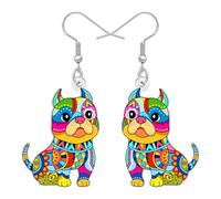 BONSNY Acrílico Colorido Pit Bull Perrito Pendientes Colgantes, Patrón Geométrico, Gancho de Plata, Estilo Bohemio Regalos de Joyería para Mujeres Niñas Divertido Novedad Accesorios (Multicolor)