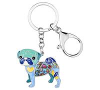 BONSNY Aleación de Esmalte Lindo Floral Pug Perro Mascotas Llavero para Mujeres SeñOras Llaves Coche Monederos Bolsos Amantes de los Perros Encantos Accesorios (Azul)