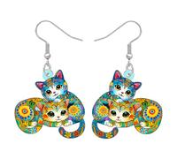 BONSNY Colorido Acrílico Pendientes Colgante Gato Floral Folk Art Design Joyería para Mujeres Niñas Gatito Amantes Regalos Novedad Diversión Hipoalergénico Charms (Colorido)