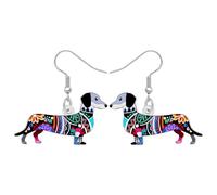 BONSNY Colorido Arte Popular Salchicha Pendientes Colgante Floral Patrón para Mujeres Niñas Perros Cachorro Amantes Joyería Divertido Novedad Hipoalergénico Regalos Accesorios (Negro)