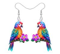 BONSNY Coloridos pendientes colgantes de loro guacamayo tropical, accesorios hawaianos florales de acrílico, diseño de fiesta luau, joyería de declaración de pájaros para mujeres, accesorio caprichoso