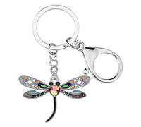 BONSNY Esmalte de aleación de Rhinestone Floral lindo llavero libélula Insecto Joyería Regalos para Mujeres Señoras Llaves Carteras Bolsos Charms Accesorios (Gris)