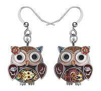 BONSNY Lindo Esmalte de Aleación de Búho Colgantes Pendientes Joyería Regalos para Mujeres Señoras Amantes de los Pájaros Charms (Marrón)