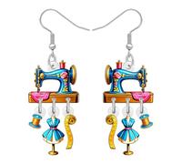 BONSNY Pendientes colgantes de máquina de coser vintage, azul y dorado, estilo retro con forma de vestido, carrete de hilo, dijes de cinta métrica, regalos de joyería de moda para artesanos, Medium
