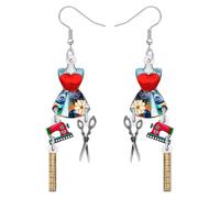 BONSNY Pendientes colgantes de máquina de coser vintage, azul y dorado, estilo retro con forma de vestido, carrete de hilo, dijes de cinta métrica, regalos de joyería de moda para artesanos, Medium