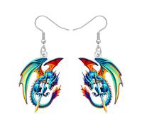 BONSNY Rainbow Dragón Pendientes Colgantes, Fantasía Mítica Criatura de Diseño, Colorido Alas, Divertido Novedad Hipoalergénico Joyería Para Mujeres Niñas Cosplay Fantasía Eventos Accesorios (Azul)