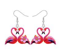 BONSNY Tropical Flamenco Pendientes Colgantes, Pájaros Rosa Declaración Joyería con Flores de Hibisco, Hawaiano Playa Estilo, Colorido Diseño Floral (Rose)