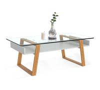 Bonstato Mesa Auxiliar - Mesita de Centro Rectangular, de Vidrio y Madera con Bandeja para Revistas, Mesa de Centro Baja para Salón y Oficina.