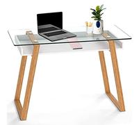 Bonstato Mesa Auxiliar - Mesita de Centro Rectangular, de Vidrio y Madera con Bandeja para Revistas, Mesa de Centro Baja para Salón y Oficina.
