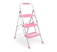 BONTEC Escaleras Plegables de 3 Escalones, Capacidad de 150KG con Pedales Antideslizantes Anchos, Taburete Escaleras de Mano de Acero, Manubrio de Esponja, Uso en Interiores y Exteriores, Rosa