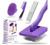 Bonteck Kit de aseo para perros, 4 piezas, cepillo para perros, cepillo largo para desenredar, cepillo de baño para perros, peine para pulgas, peine para perros, cepillo para pulgas, cepillo para