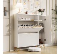 BONUIE Zapatero con 3 puertas abatibles y 1 puerta de armario, zapatero estrecho de gran capacidad, de madera, para muebles de entrada, entrada y salón, 110 x 24 x 111,5 cm, color blanco