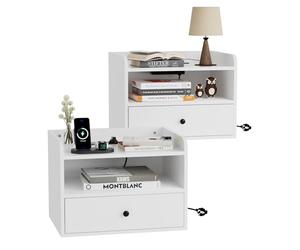 BonVache Juego de 2 mesitas de Noche flotantes, con Espacio Abierto y Cajon, mesita de Noche con 2 enchufes y 2 Puertos USB, Moderno, 40 x 29 x 29 cm, Blanco