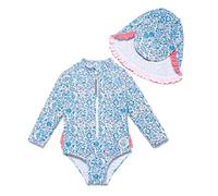 BONVERANO Traje de baño de una Pieza para niña, Mangas largas, protección UV 50+ con Gorra(Azul-Azul,6-9meses…
