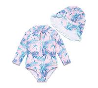 BONVERANO Traje de baño de una Pieza para niña, Mangas largas, protección UV 50+ con Gorra(Azul-Bambú,12-18meses…