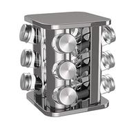 bonVIVO Especiero Giratorio de Cocina Organizador de Especias con 12 Botes de Cristal y Tapas Dosificadoras Estante para Condimentos en Acero Inoxidable, Ideal para Armario, Encimera y Muebles Plata