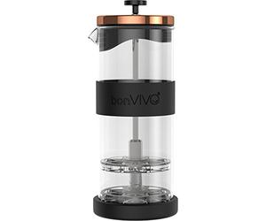 bonVIVO FOMO Espumador de Leche Manual - Acero Inoxidable y Cristal - Batidor Leche Espuma con Colador Malla Fina - Fácil Vertido - Capacidad 400ml - Para Cappuccino, Latte y Matcha - Tapa Cobre