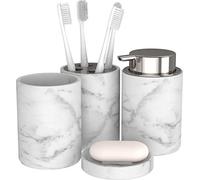 BonVIVO Marmora Set de Baño Completo - Jabonera Antideslizante, Dispensador Jabón, Portacepillos y Vaso - Kit Elegante y Atemporal para Baño, Negro/Cobre/Plata