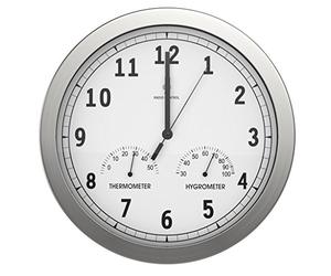 bonVIVO Reloj de Pared Moderno Classic Clock - Radio controlado, silencioso, con termómetro y Humedad, para Cocina, salón, Oficina o Comedor, Esfera Blanca Negra o Dorada Marco Aluminio Plata o Cobre