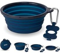 Bonza by Leash Boss - Cuenco Plegable pequeño para Perro, Borde Reforzado Resistente, Incluye mosquetón y Llavero para Botella de Agua, Color Azul