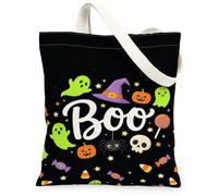 Boo - Bolsa de lona para comestibles, diseño de calabazas fantasmas, Halloween, color negro, 33 x 38 cm, Negro, 13x15 Inch